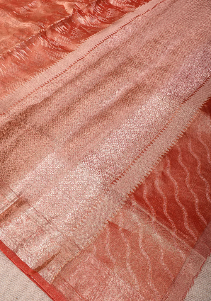Coral Red Banarasi Tissue Silk Saree with Zari Patterns and Border  | SILK MARK CERTIFIED
