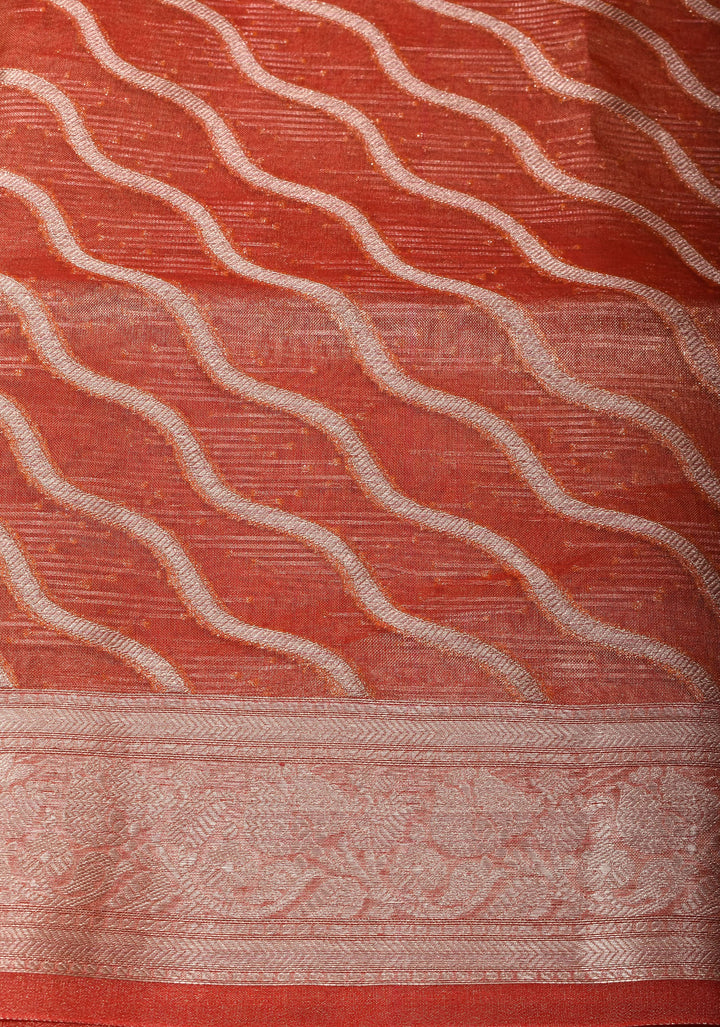 Coral Red Banarasi Tissue Silk Saree with Zari Patterns and Border  | SILK MARK CERTIFIED