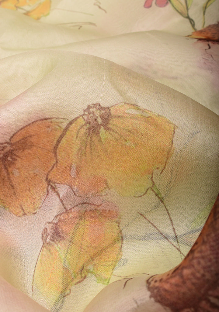 Beige Pure Organza Silk Saree with Floral Digital Print and Lace Trim Border | SILK MARK CERTIFIED