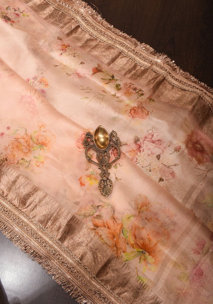 Pinkish Tan Pure Organza Silk Saree with Floral Digital Print and Lace Trim Border | SILK MARK CERTIFIED