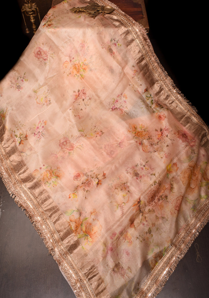Pinkish Tan Pure Organza Silk Saree with Floral Digital Print and Lace Trim Border | SILK MARK CERTIFIED