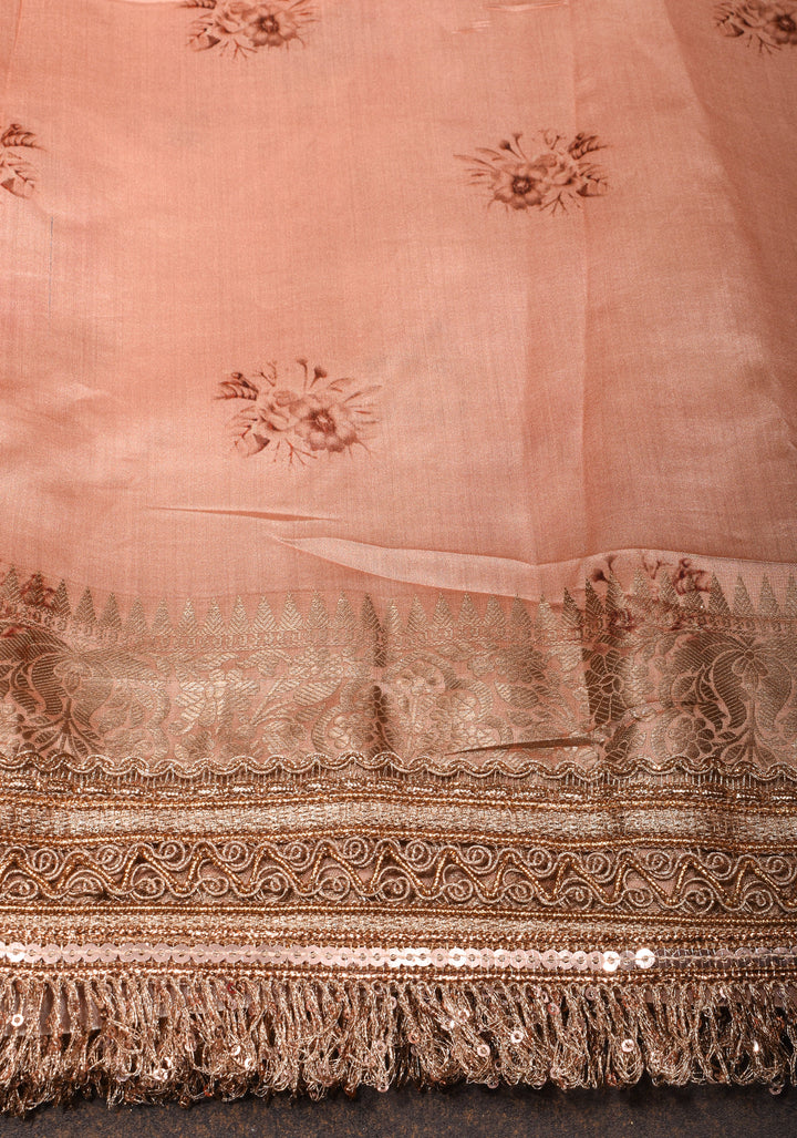 Pinkish Tan Pure Organza Silk Saree with Floral Digital Print and Lace Trim Border | SILK MARK CERTIFIED