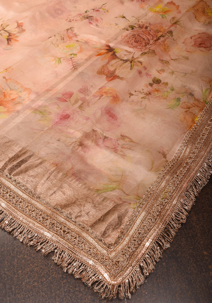 Pinkish Tan Pure Organza Silk Saree with Floral Digital Print and Lace Trim Border | SILK MARK CERTIFIED