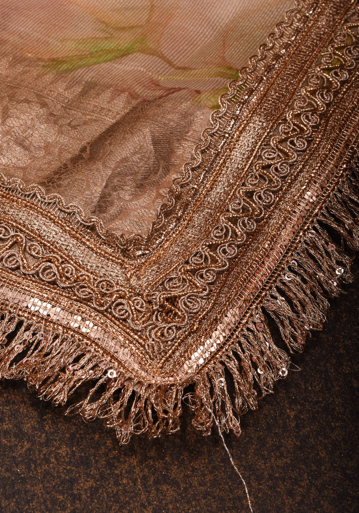Pinkish Tan Pure Organza Silk Saree with Floral Digital Print and Lace Trim Border | SILK MARK CERTIFIED