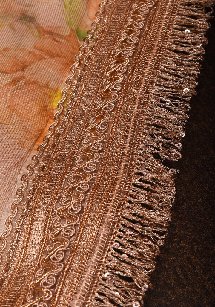 Pinkish Tan Pure Organza Silk Saree with Floral Digital Print and Lace Trim Border | SILK MARK CERTIFIED