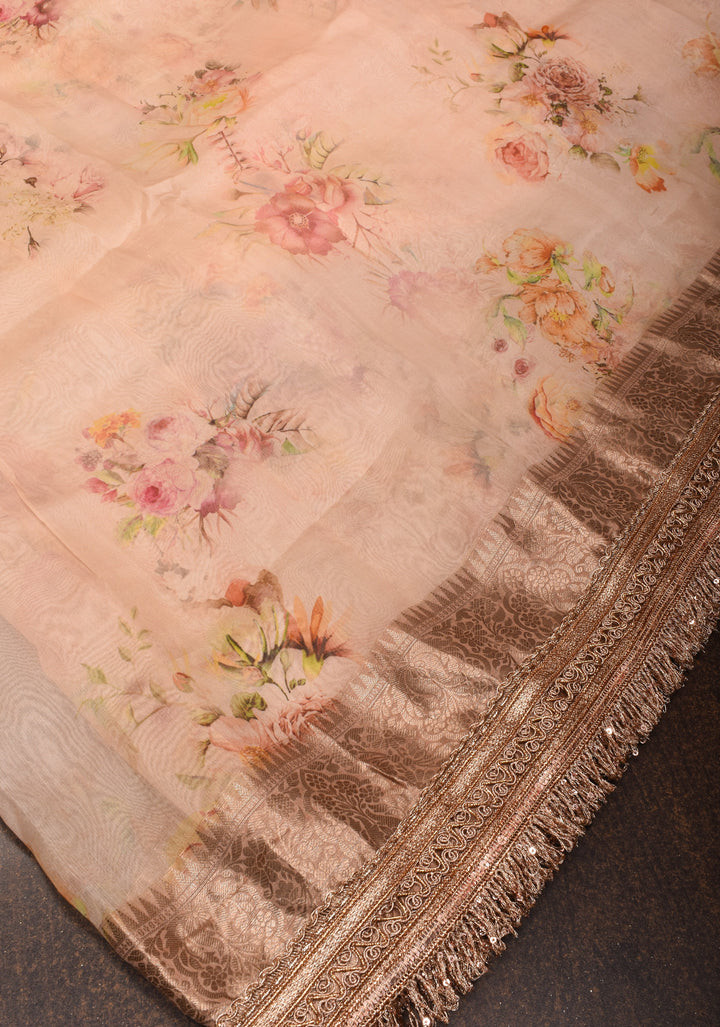 Pinkish Tan Pure Organza Silk Saree with Floral Digital Print and Lace Trim Border | SILK MARK CERTIFIED