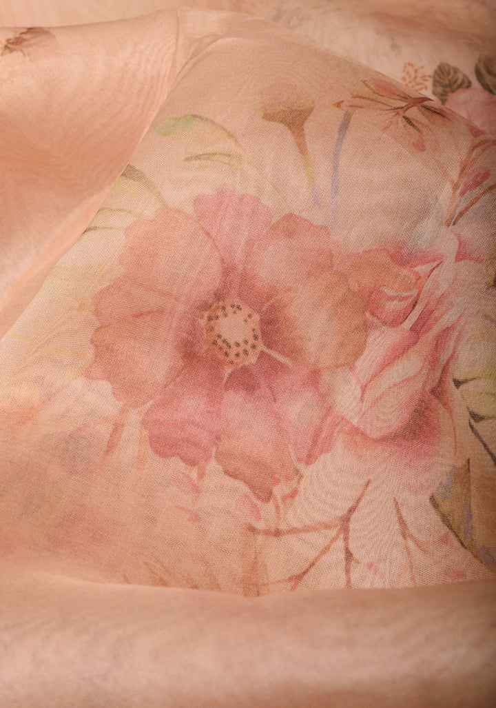 Pinkish Tan Pure Organza Silk Saree with Floral Digital Print and Lace Trim Border | SILK MARK CERTIFIED