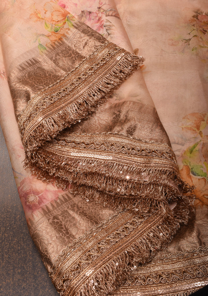 Pinkish Tan Pure Organza Silk Saree with Floral Digital Print and Lace Trim Border | SILK MARK CERTIFIED