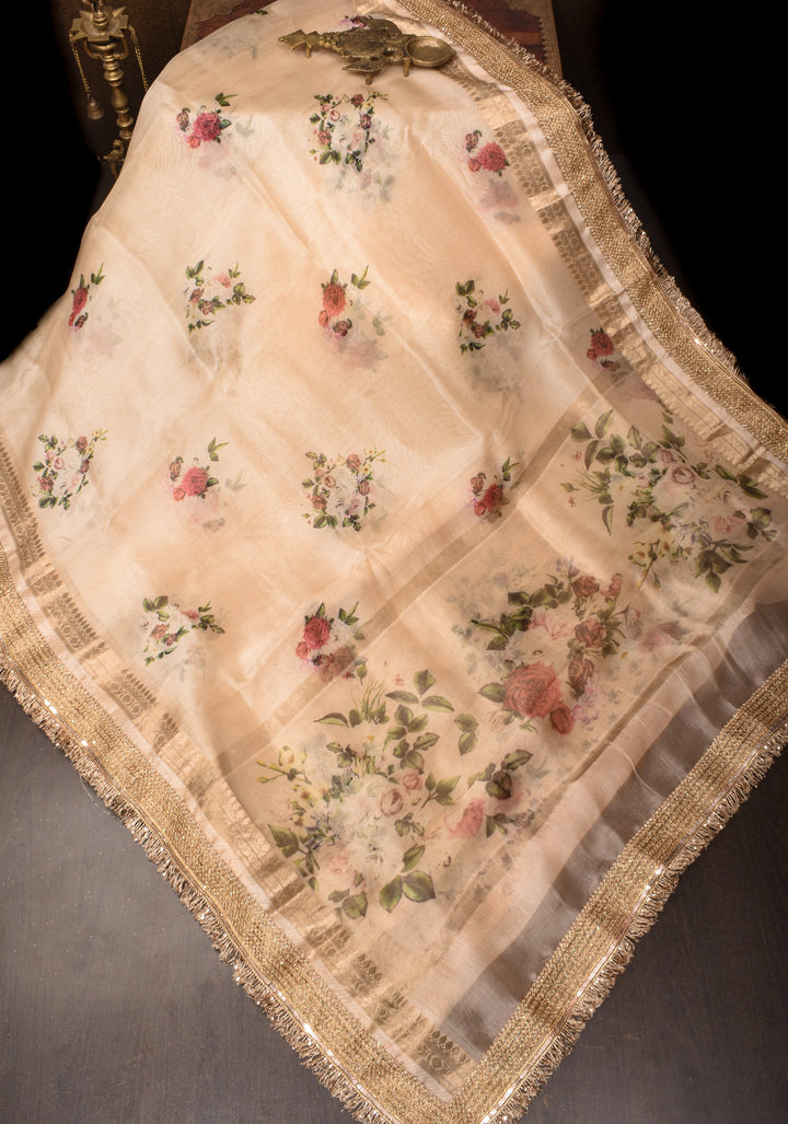 Blush Pure Banarasi Organza Silk Saree with Floral Digital Print and Lace Trim Border | SILK MARK CERTIFIED