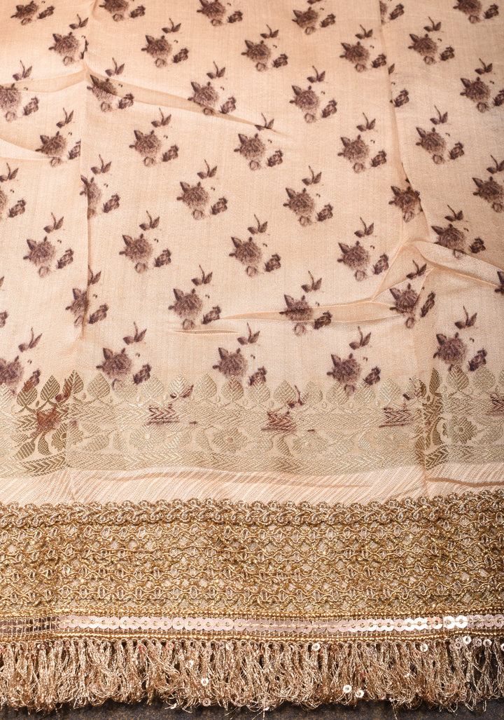 Blush Pure Banarasi Organza Silk Saree with Floral Digital Print and Lace Trim Border | SILK MARK CERTIFIED