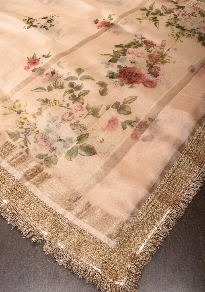 Blush Pure Banarasi Organza Silk Saree with Floral Digital Print and Lace Trim Border | SILK MARK CERTIFIED
