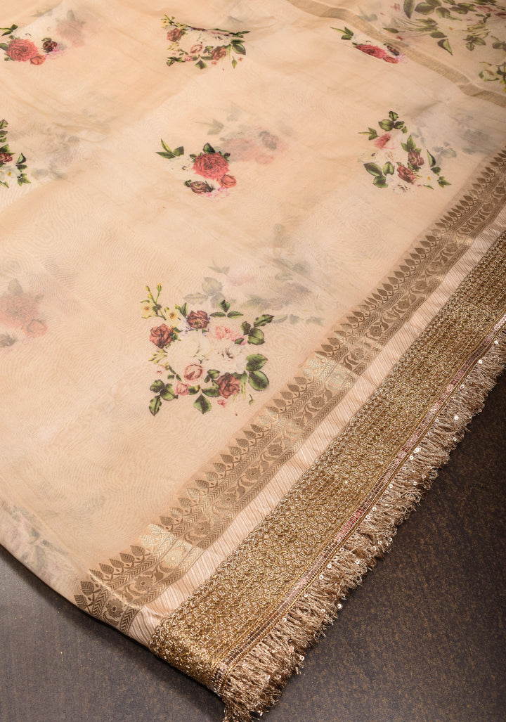 Blush Pure Banarasi Organza Silk Saree with Floral Digital Print and Lace Trim Border | SILK MARK CERTIFIED