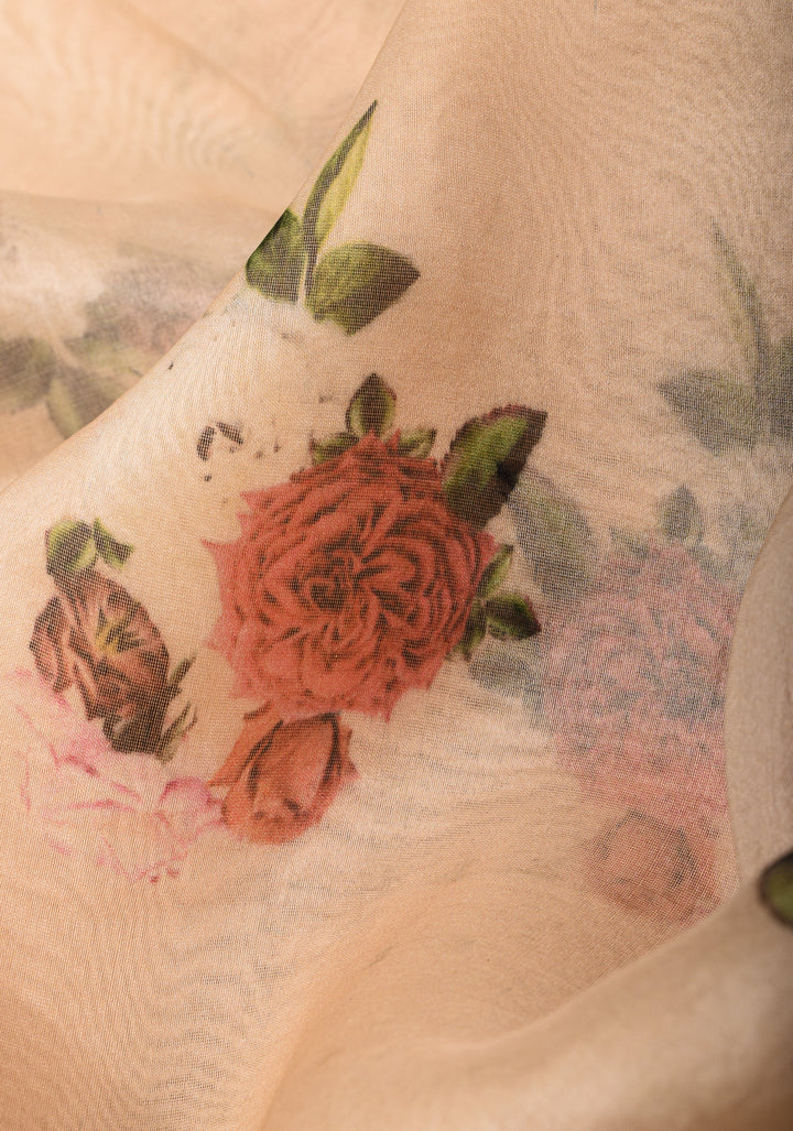 Blush Pure Banarasi Organza Silk Saree with Floral Digital Print and Lace Trim Border | SILK MARK CERTIFIED