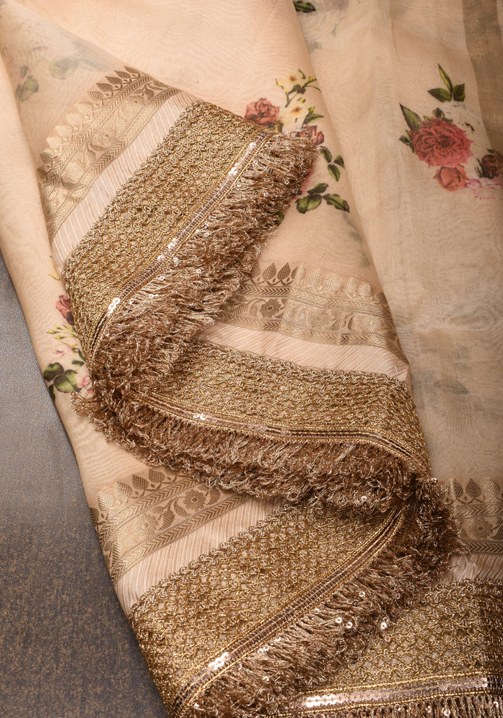 Blush Pure Banarasi Organza Silk Saree with Floral Digital Print and Lace Trim Border | SILK MARK CERTIFIED