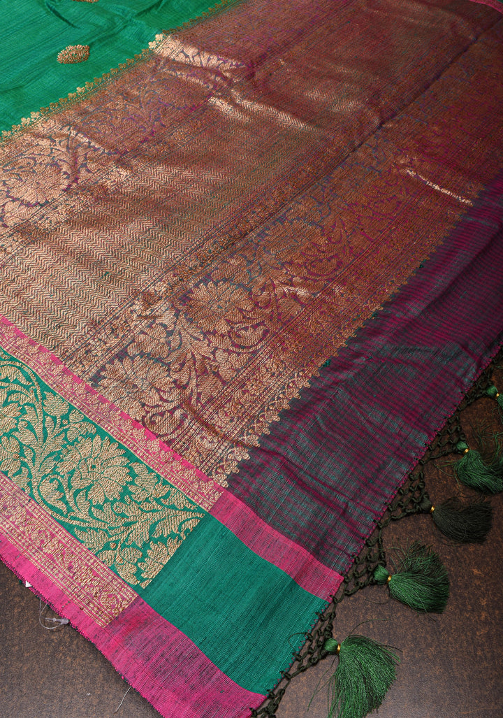 Pure Banarasi Dupion Silk Saree in Bottle Green with Antique Zari detailing | SILK MARK CERTIFIED