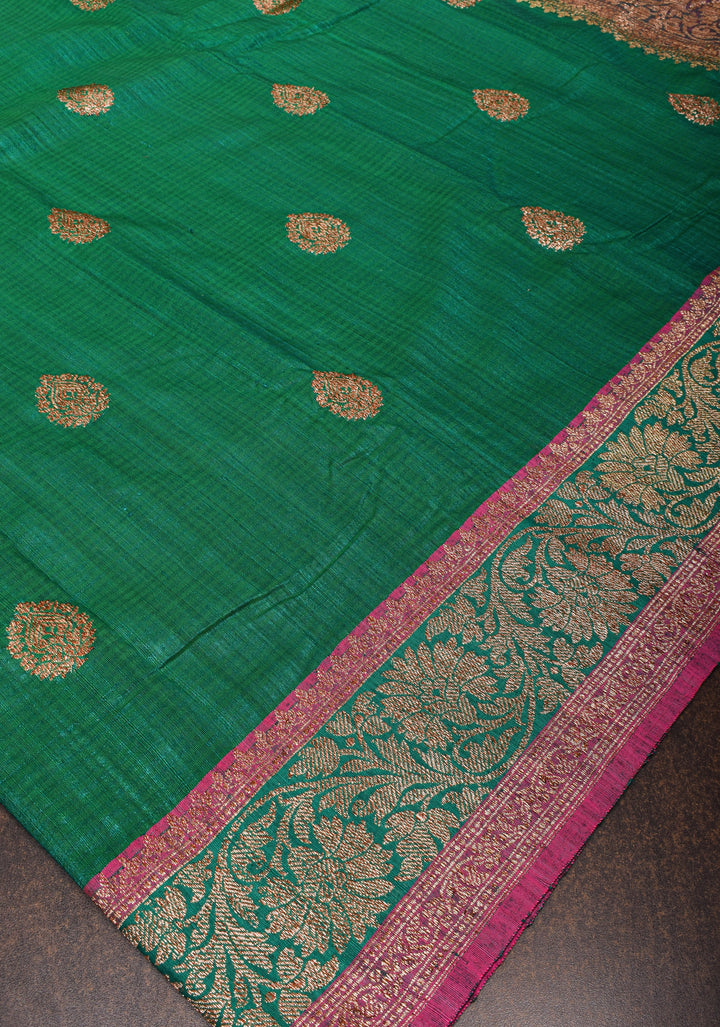Pure Banarasi Dupion Silk Saree in Bottle Green with Antique Zari detailing | SILK MARK CERTIFIED