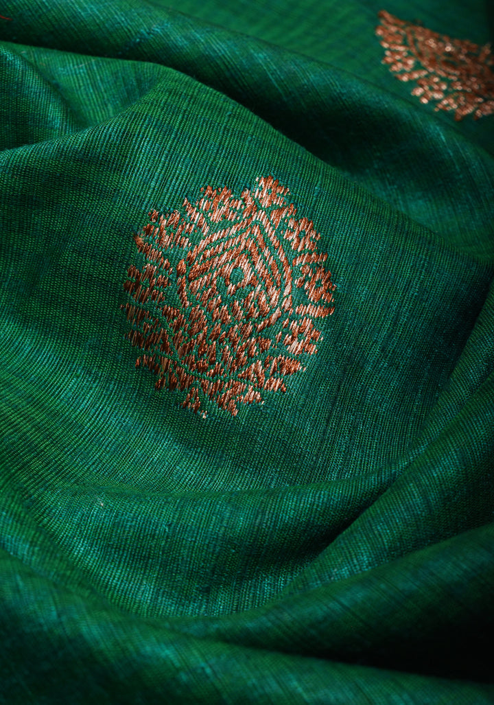 Pure Banarasi Dupion Silk Saree in Bottle Green with Antique Zari detailing | SILK MARK CERTIFIED