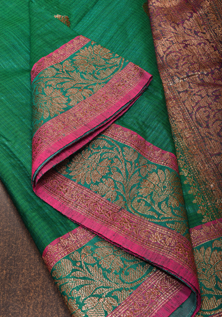 Pure Banarasi Dupion Silk Saree in Bottle Green with Antique Zari detailing | SILK MARK CERTIFIED