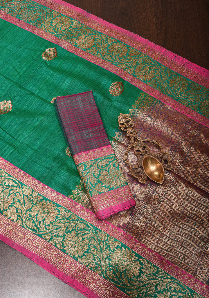 Pure Banarasi Dupion Silk Saree in Bottle Green with Antique Zari detailing | SILK MARK CERTIFIED