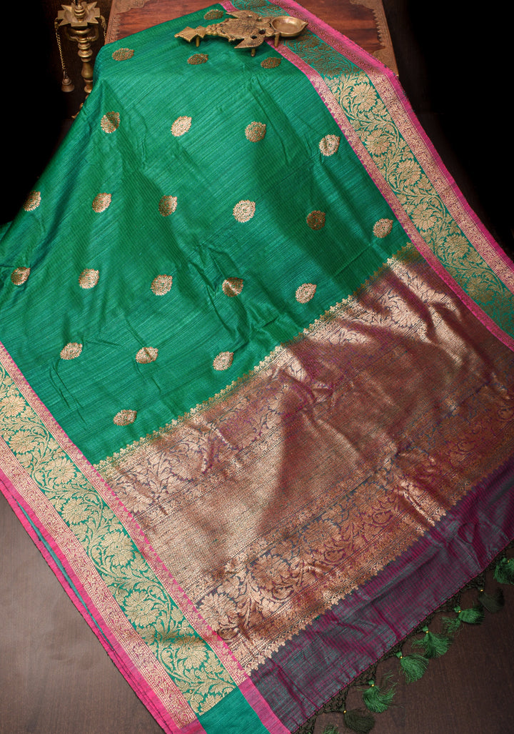 Pure Banarasi Dupion Silk Saree in Bottle Green with Antique Zari detailing | SILK MARK CERTIFIED