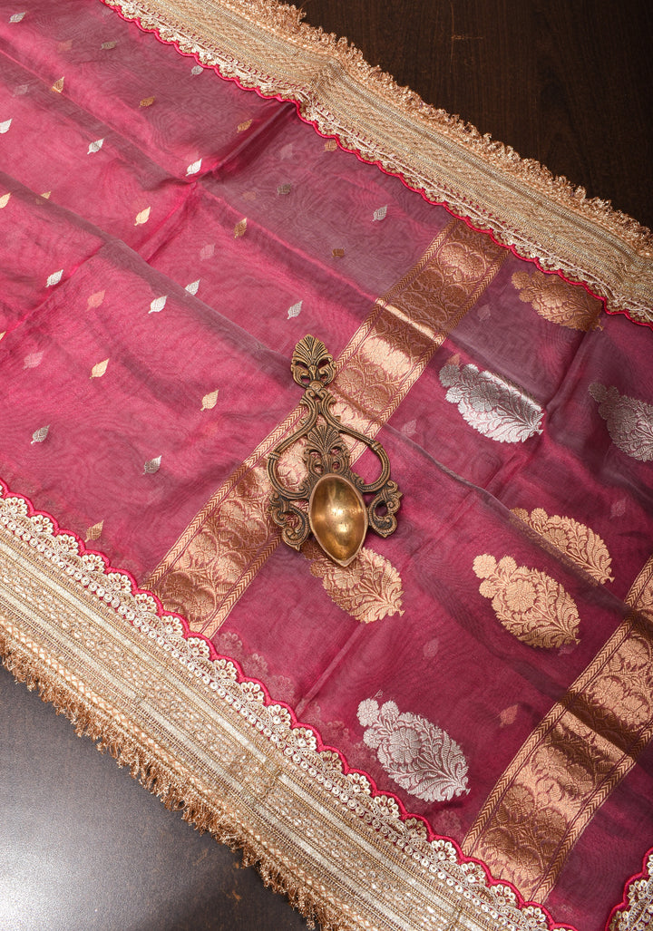 Trendy Pure Banarasi Tissue Silk Saree in Pinkish Red with Fancy Lace Trim and Sona Rupa Floral Buttas | SILK MARK CERTIFIED