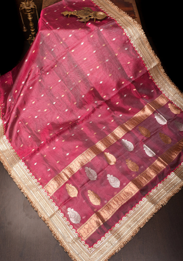 Trendy Pure Banarasi Tissue Silk Saree in Pinkish Red with Fancy Lace Trim and Sona Rupa Floral Buttas | SILK MARK CERTIFIED