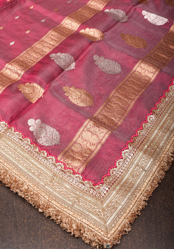 Trendy Pure Banarasi Tissue Silk Saree in Pinkish Red with Fancy Lace Trim and Sona Rupa Floral Buttas | SILK MARK CERTIFIED