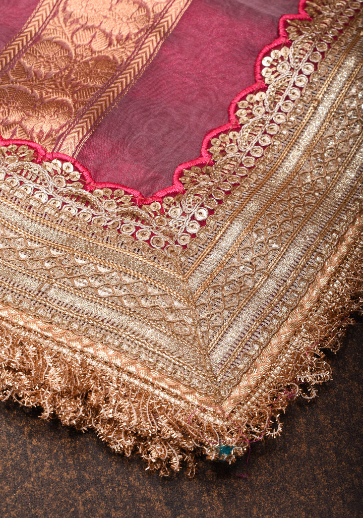 Trendy Pure Banarasi Tissue Silk Saree in Pinkish Red with Fancy Lace Trim and Sona Rupa Floral Buttas | SILK MARK CERTIFIED