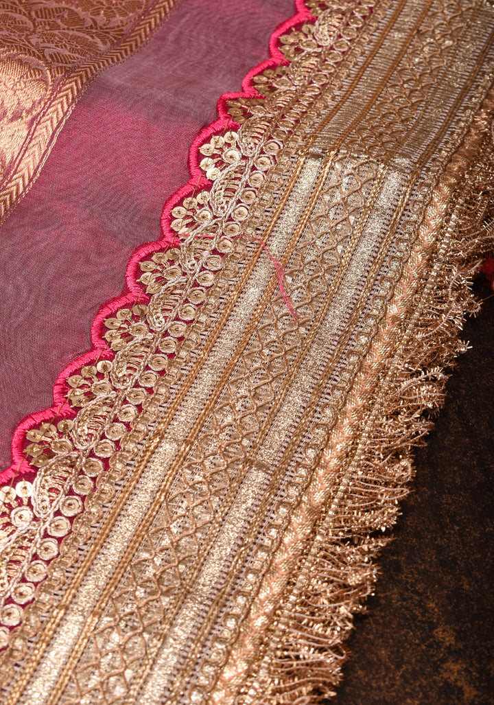 Trendy Pure Banarasi Tissue Silk Saree in Pinkish Red with Fancy Lace Trim and Sona Rupa Floral Buttas | SILK MARK CERTIFIED