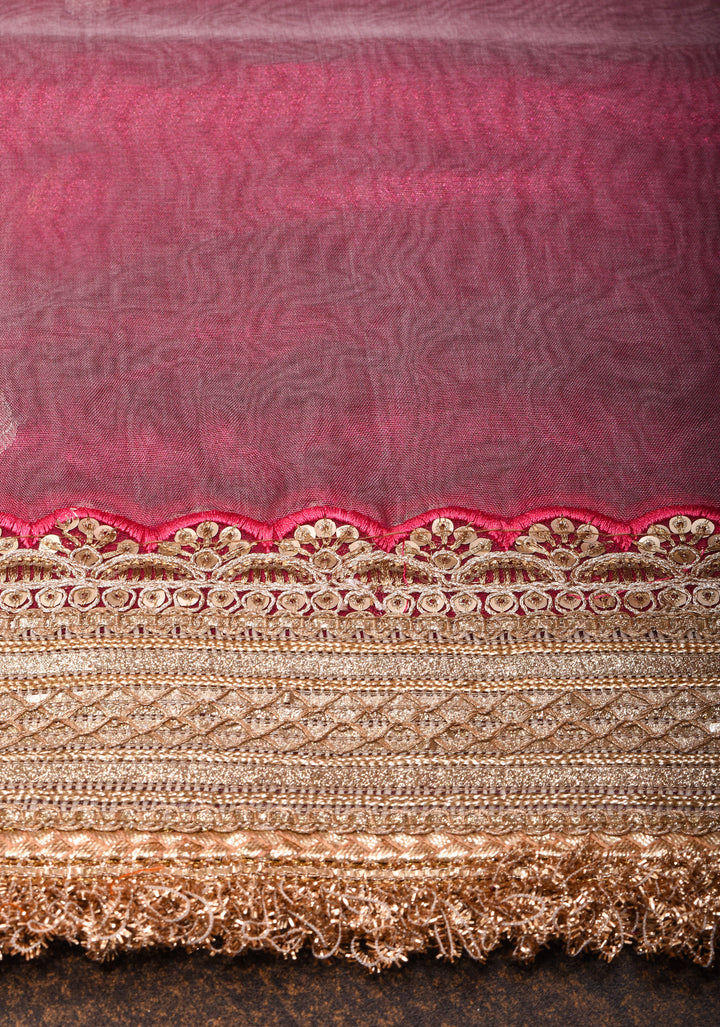 Trendy Pure Banarasi Tissue Silk Saree in Pinkish Red with Fancy Lace Trim and Sona Rupa Floral Buttas | SILK MARK CERTIFIED