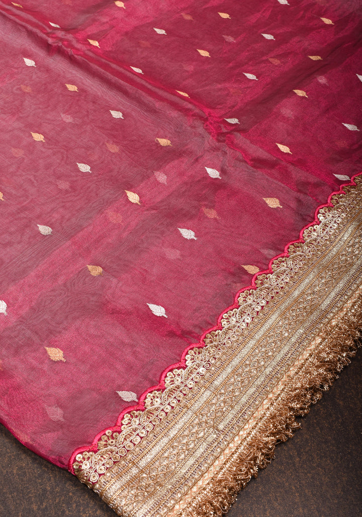 Trendy Pure Banarasi Tissue Silk Saree in Pinkish Red with Fancy Lace Trim and Sona Rupa Floral Buttas | SILK MARK CERTIFIED