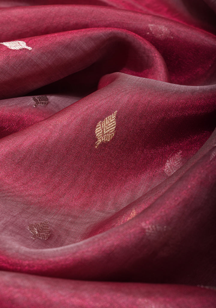 Trendy Pure Banarasi Tissue Silk Saree in Pinkish Red with Fancy Lace Trim and Sona Rupa Floral Buttas | SILK MARK CERTIFIED