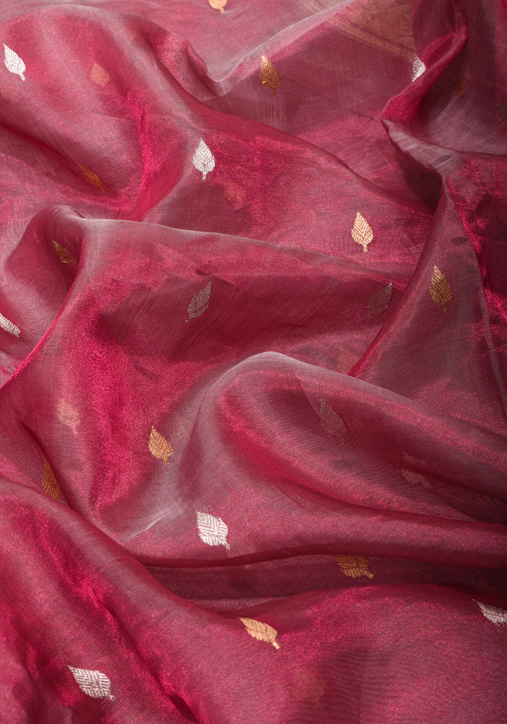 Trendy Pure Banarasi Tissue Silk Saree in Pinkish Red with Fancy Lace Trim and Sona Rupa Floral Buttas | SILK MARK CERTIFIED