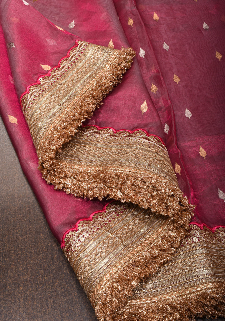 Trendy Pure Banarasi Tissue Silk Saree in Pinkish Red with Fancy Lace Trim and Sona Rupa Floral Buttas | SILK MARK CERTIFIED