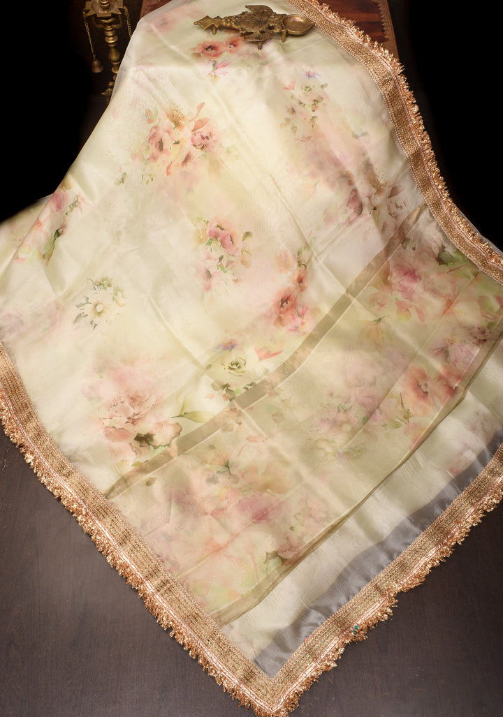 Pure Organza Silk Saree in Off-White with Floral Digital Print and Lace Trim Border | SILK MARK CERTIFIED