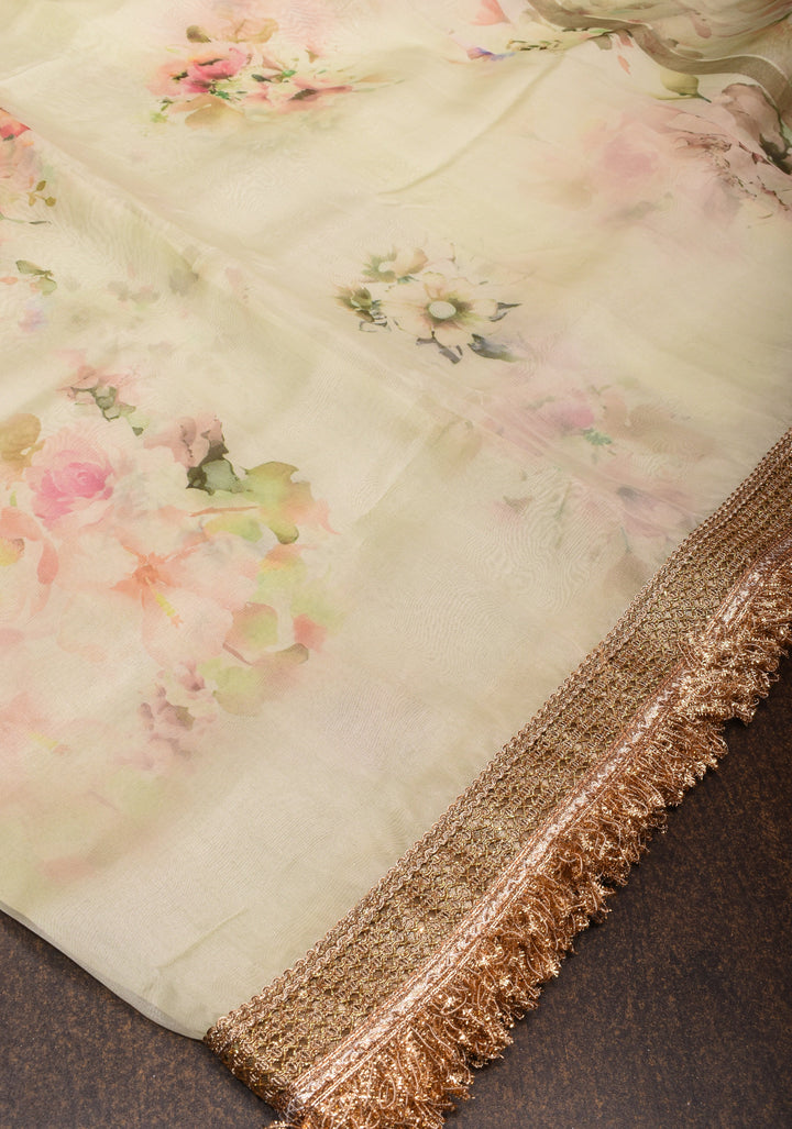 Pure Organza Silk Saree in Off-White with Floral Digital Print and Lace Trim Border | SILK MARK CERTIFIED