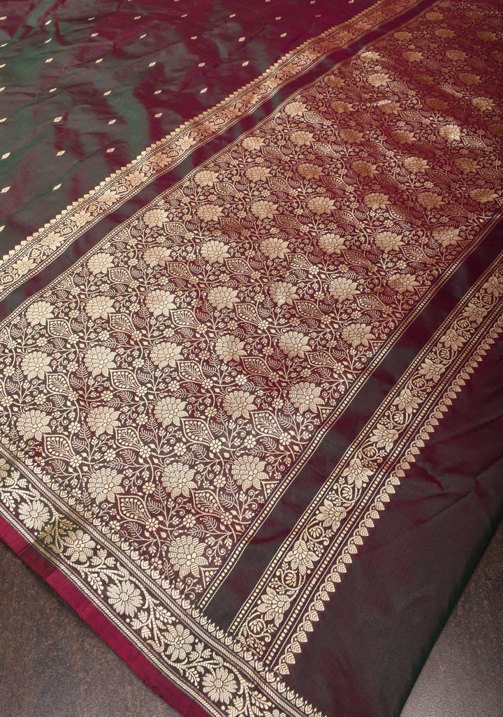 Plum Dual tone Lightweight Banarasi Silk Saree with Dainty Buttas and Minimalistic Resham Border | SILK MARK CERTIFIED