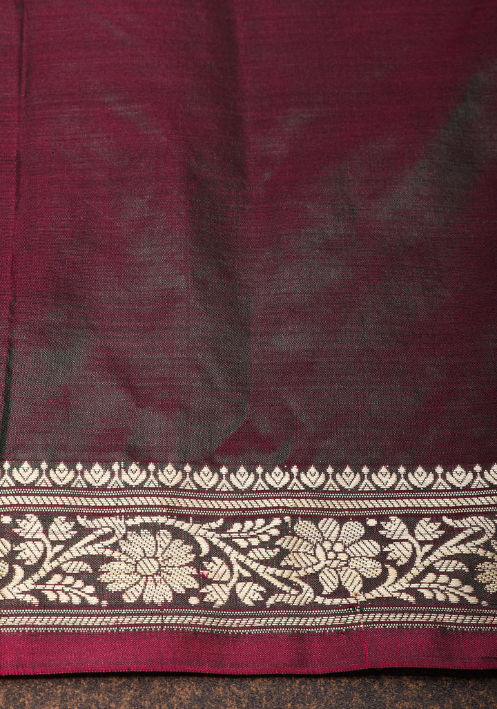 Plum Dual tone Lightweight Banarasi Silk Saree with Dainty Buttas and Minimalistic Resham Border | SILK MARK CERTIFIED