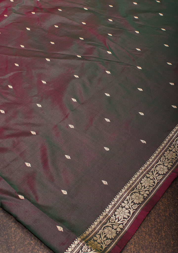 Plum Dual tone Lightweight Banarasi Silk Saree with Dainty Buttas and Minimalistic Resham Border | SILK MARK CERTIFIED