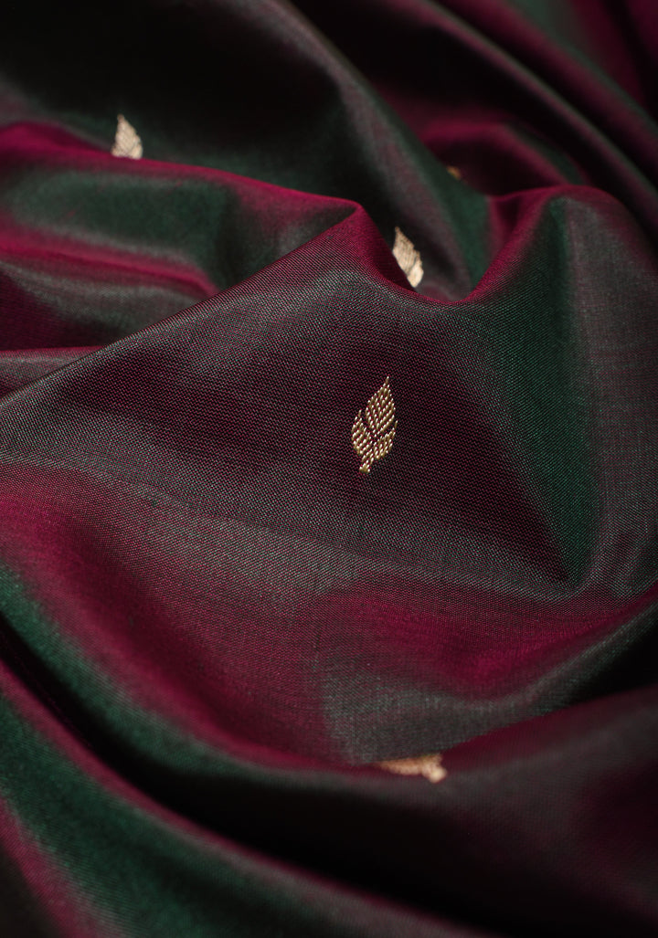 Plum Dual tone Lightweight Banarasi Silk Saree with Dainty Buttas and Minimalistic Resham Border | SILK MARK CERTIFIED
