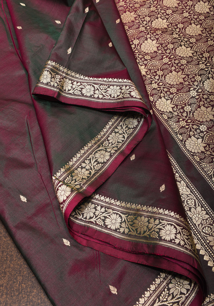 Plum Dual tone Lightweight Banarasi Silk Saree with Dainty Buttas and Minimalistic Resham Border | SILK MARK CERTIFIED