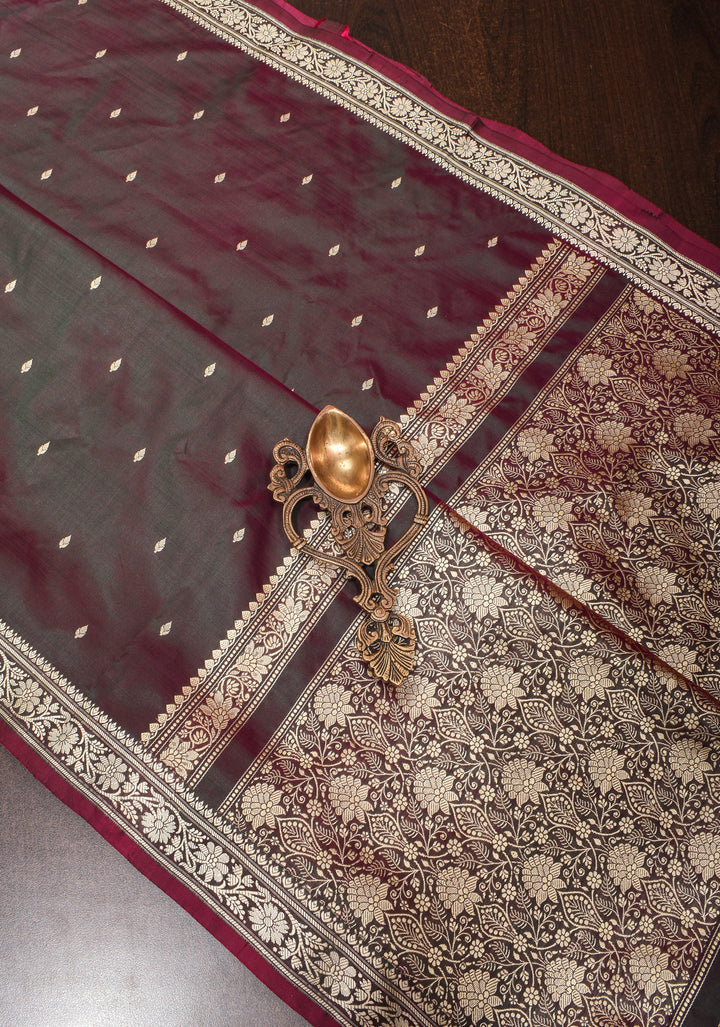 Plum Dual tone Lightweight Banarasi Silk Saree with Dainty Buttas and Minimalistic Resham Border | SILK MARK CERTIFIED