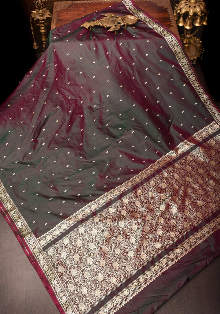 Plum Dual tone Lightweight Banarasi Silk Saree with Dainty Buttas and Minimalistic Resham Border | SILK MARK CERTIFIED