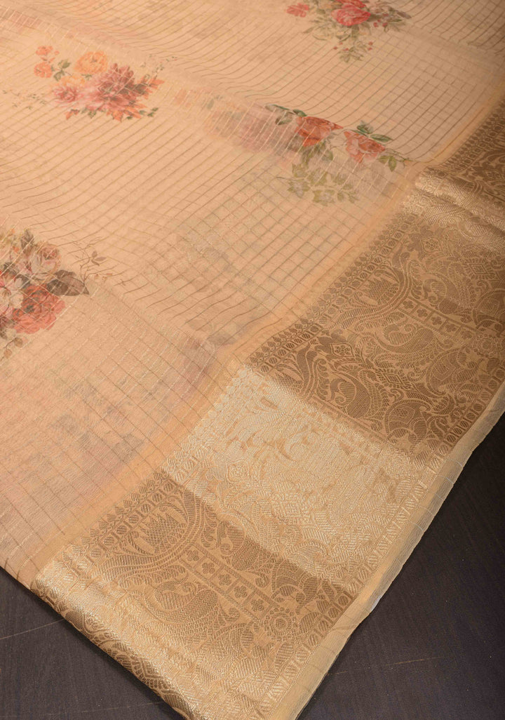 Checks Pure Organza Silk Saree in Dark Beige with Floral Digital Print and Zari Border| SILK MARK CERTIFIED