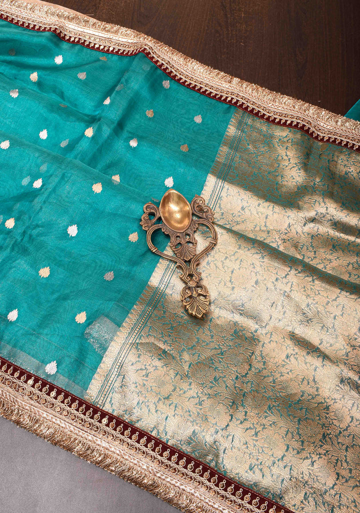 Peacock Blue Banarasi Tissue Handloom Saree with Dainty Sona Rupa Kadhuwa Buttas and Fancy Lace Border | SILK MARK CERTIFIED