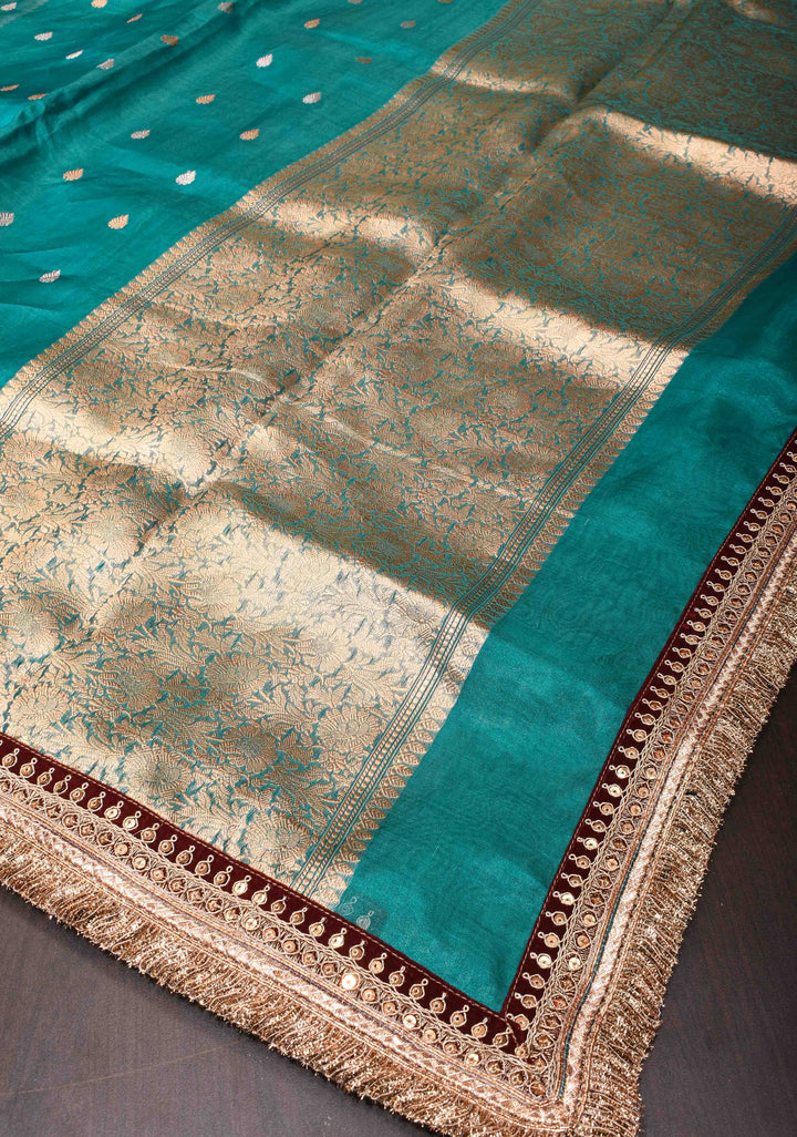 Peacock Blue Banarasi Tissue Handloom Saree with Dainty Sona Rupa Kadhuwa Buttas and Fancy Lace Border | SILK MARK CERTIFIED