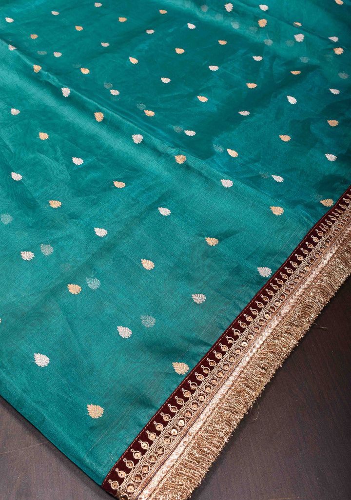 Peacock Blue Banarasi Tissue Handloom Saree with Dainty Sona Rupa Kadhuwa Buttas and Fancy Lace Border | SILK MARK CERTIFIED