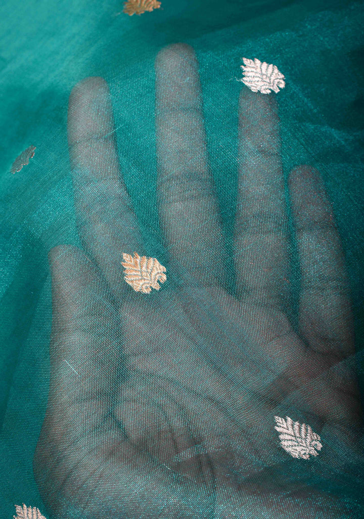 Peacock Blue Banarasi Tissue Handloom Saree with Dainty Sona Rupa Kadhuwa Buttas and Fancy Lace Border | SILK MARK CERTIFIED