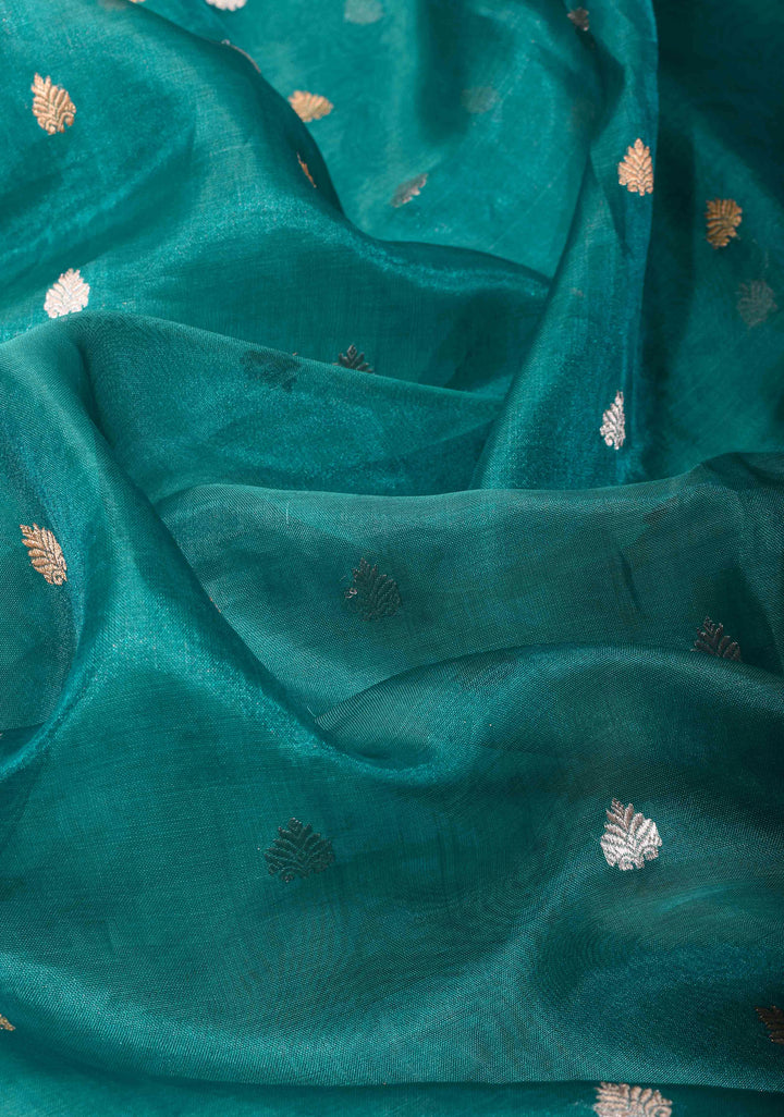 Peacock Blue Banarasi Tissue Handloom Saree with Dainty Sona Rupa Kadhuwa Buttas and Fancy Lace Border | SILK MARK CERTIFIED