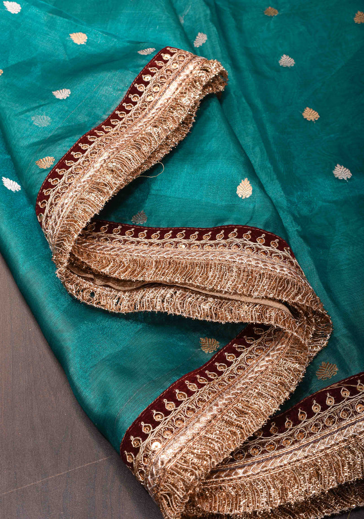 Peacock Blue Banarasi Tissue Handloom Saree with Dainty Sona Rupa Kadhuwa Buttas and Fancy Lace Border | SILK MARK CERTIFIED